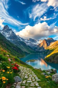A Peaceful Journey Through Majestic Mountains – free AI stock image