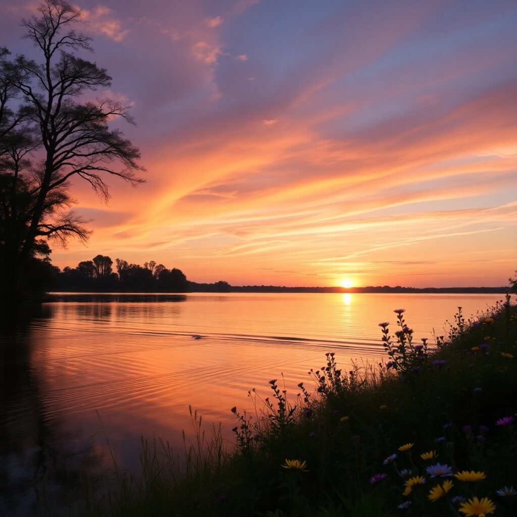Peaceful Lake at Sunset with Reflection – free AI stock image