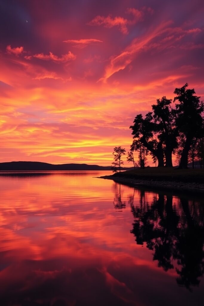 Peaceful Lake at Sunset with Reflections – free AI stock image