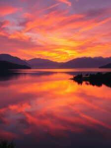 Peaceful Serene Sunset Over Calm Lake – free AI stock image