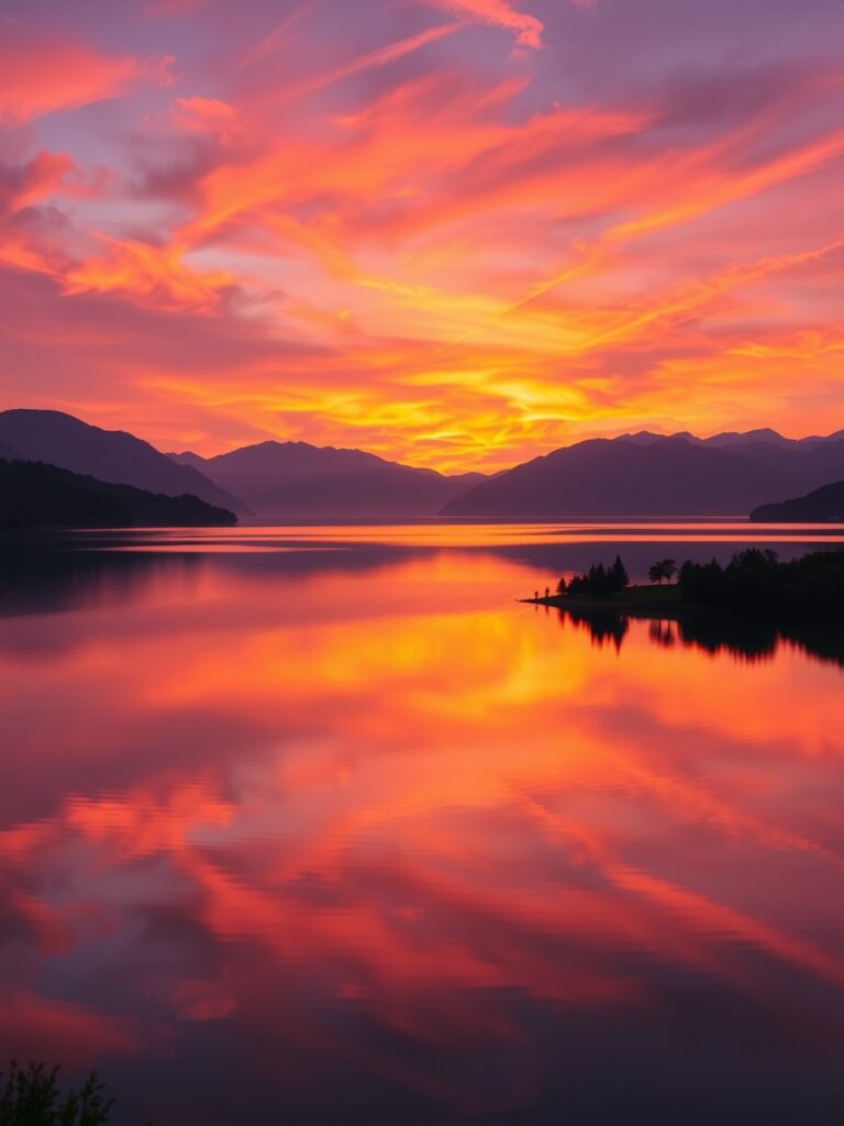 Peaceful Serene Sunset Over Calm Lake – free AI stock image