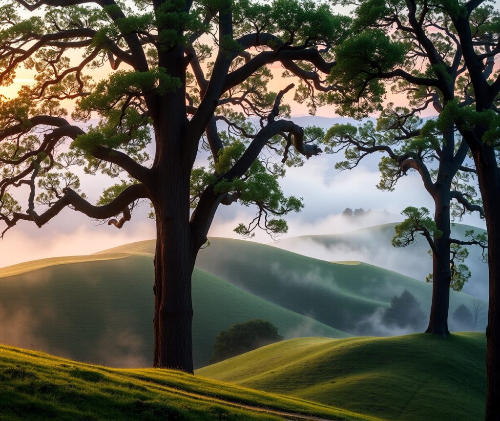 Peaceful Sunrise Over Misty Forest Hills – free AI stock image