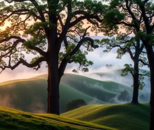 Peaceful Sunrise Over Misty Forest Hills – free AI stock image