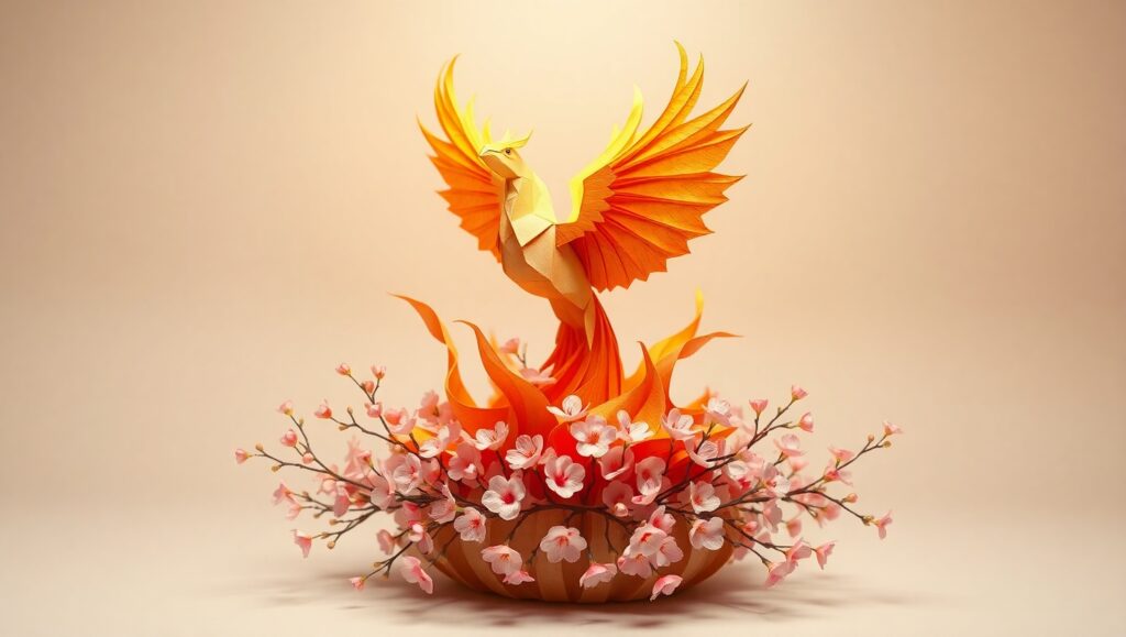Phoenix Origami in Cherry Blossoms – free AI stock image