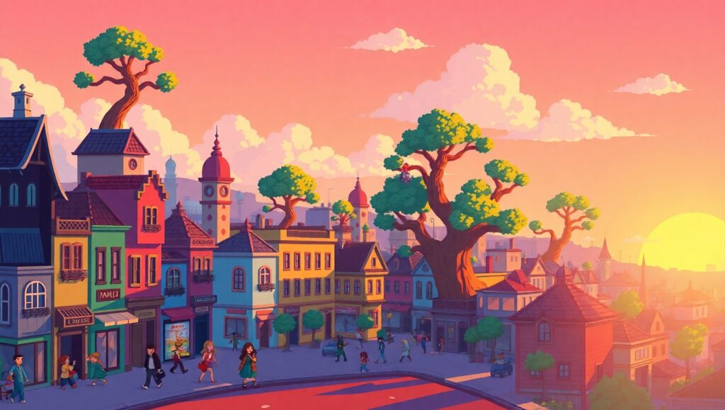 Pixel City Sunset Scene – free AI stock image