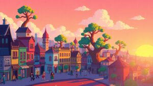 Pixel City Sunset Scene – free AI stock image