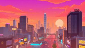 Pixel Cityscape at Sunset – free AI stock image