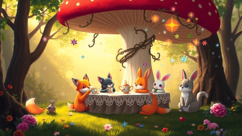 Pixelated Tea Party in the Forest – free AI stock image