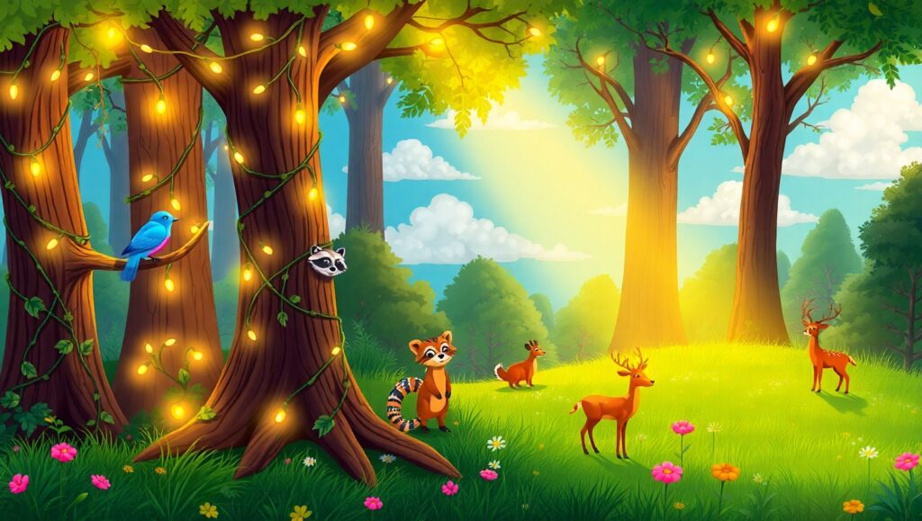 Playful Animals in a Colorful Forest – free AI stock image