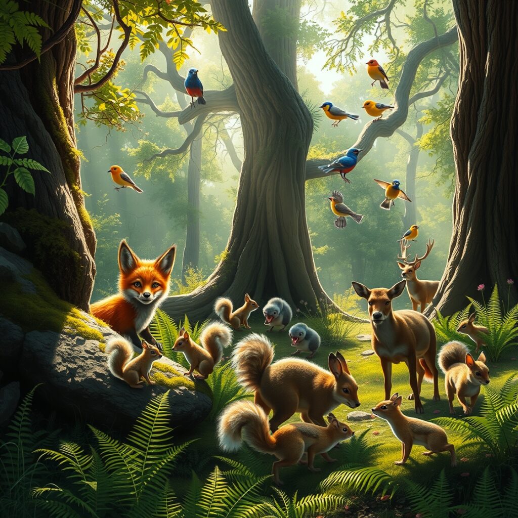 Playful Animals in a Vibrant Forest – free AI stock image