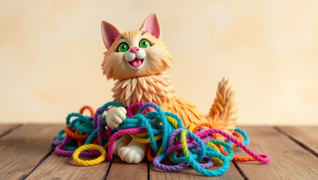 Playful Clay Cat with Yarn – free AI stock image