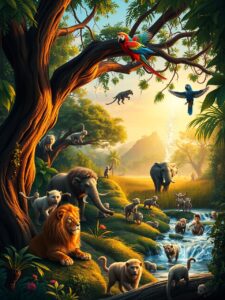 Playful Jungle Animals at Dusk – free AI stock image