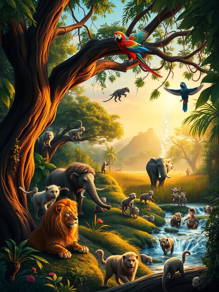 Playful Jungle Animals at Dusk – free AI stock image
