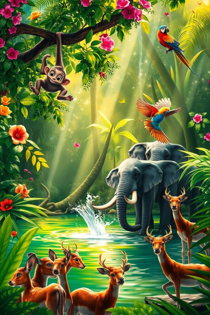 Playful Jungle Animals Gather Around Waterhole – free AI stock image