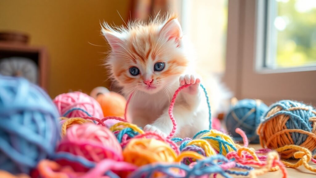 Playful Kitten Among Yarn Balls – free AI stock image