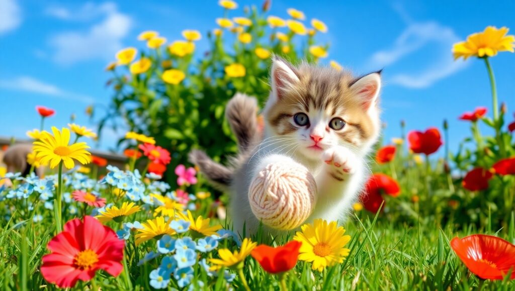 Playful Kitten in a Flower Garden – free AI stock image