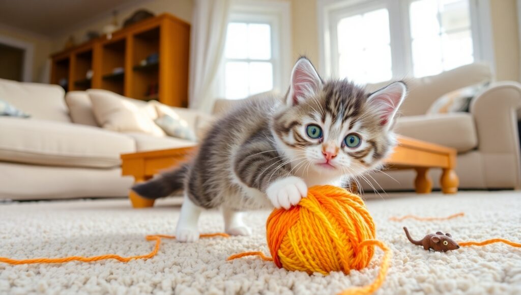 Playful Kitten in Cozy Living Room – free AI stock image