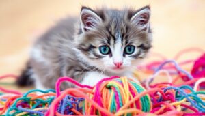 Playful Kitten with Yarn – free AI stock image