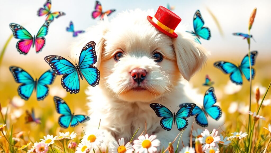 Playful Puppy in a Flower Meadow – free AI stock image