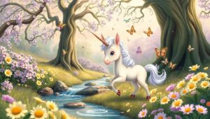 Playful Unicorn in Enchanted Forest – free AI stock image
