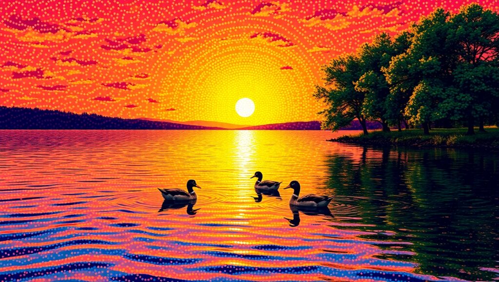 Pointillist Sunset Over Lake – free AI stock image