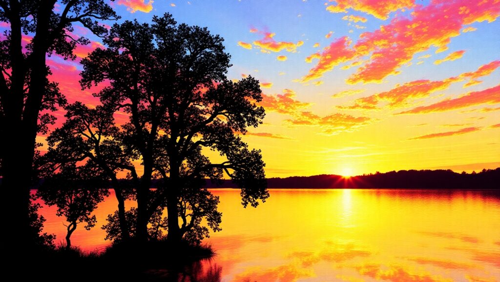 Pointillist Sunset Over Tranquil Lake – free AI stock image