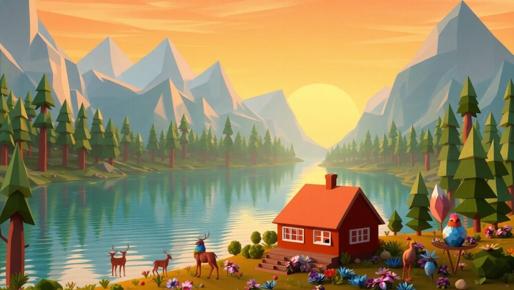 Polygonal Fantasy Landscape at Sunset – free AI stock image