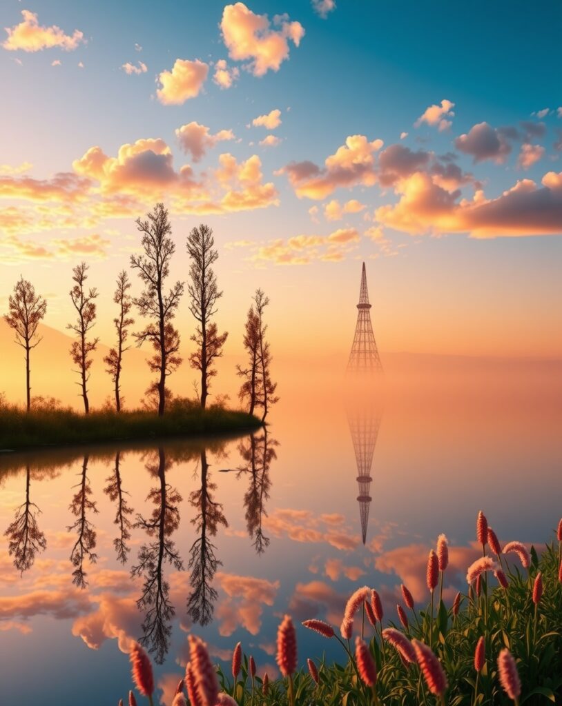 Quiet Lake at Sunrise with Reflections – free AI stock image