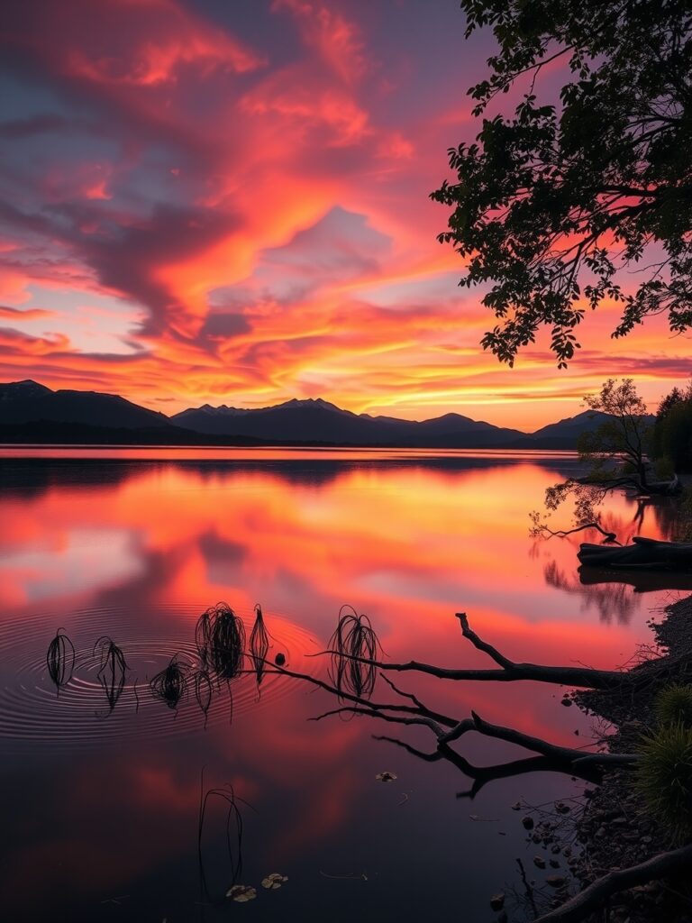 Quiet Lake at Sunset with Reflective Waters – free AI stock image