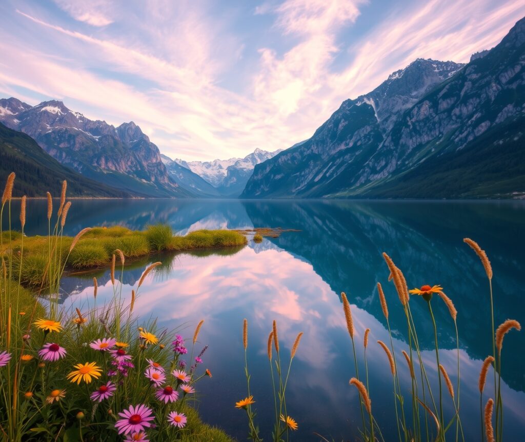 A Quiet Lake Reflecting Majestic Mountains – free AI stock image
