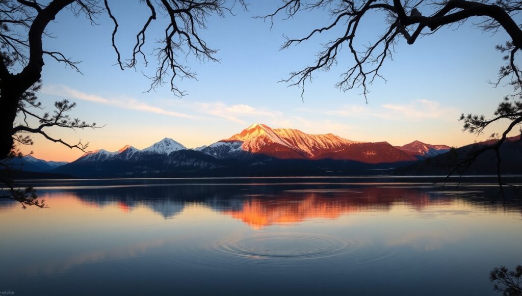 A Quiet Lake Reflecting a Mountain Vista – free AI stock image