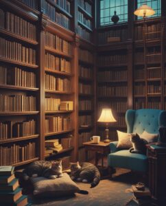 Quiet Library Scene with Books and Cats – free AI stock image