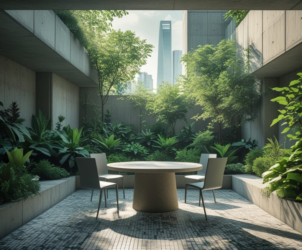 Quiet Urban Meeting Space with Greenery – free AI stock image