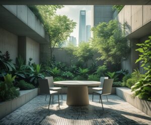 Quiet Urban Meeting Space with Greenery – free AI stock image