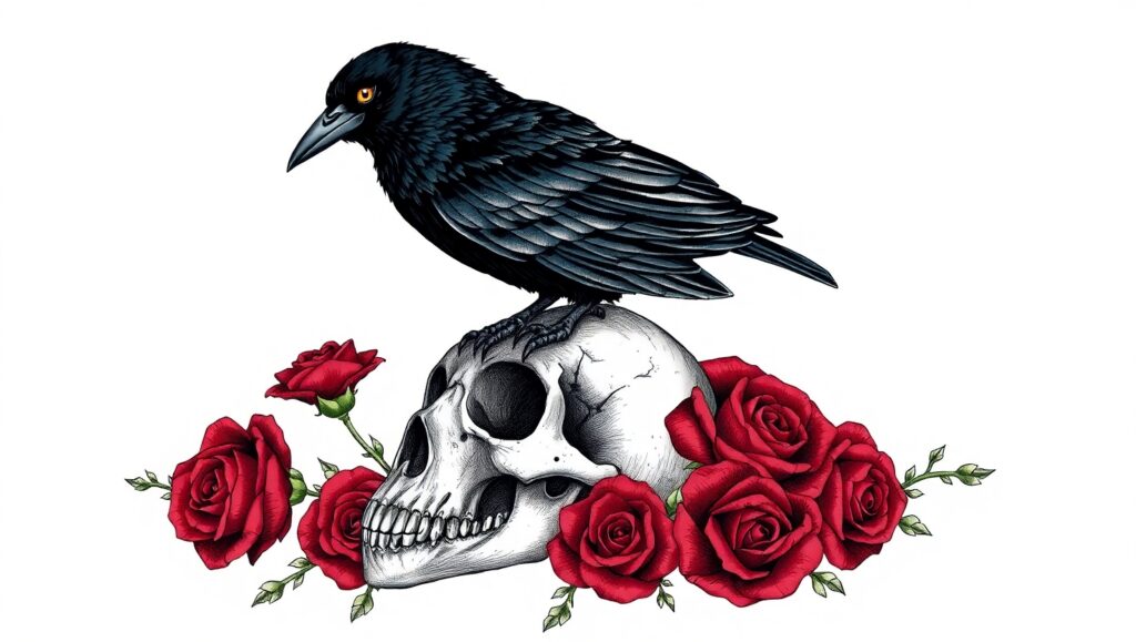 Raven and Roses Tattoo Design – free AI stock image