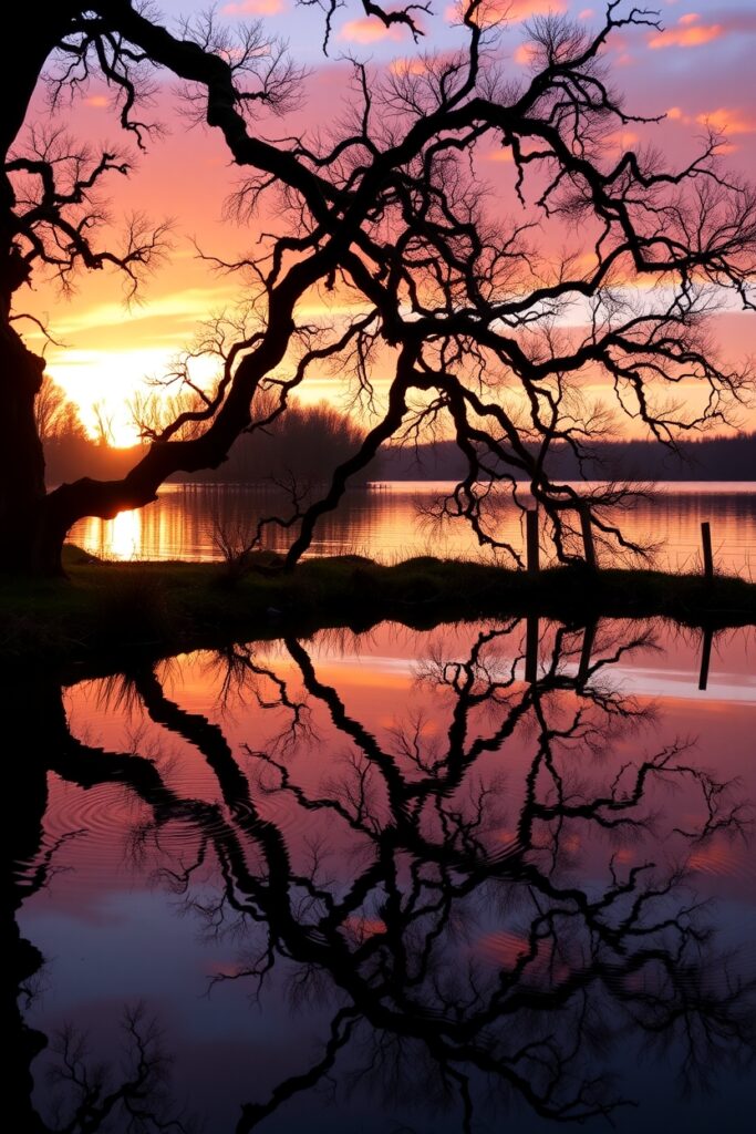 Reflections in a Serene Lake at Sunset – free AI stock image