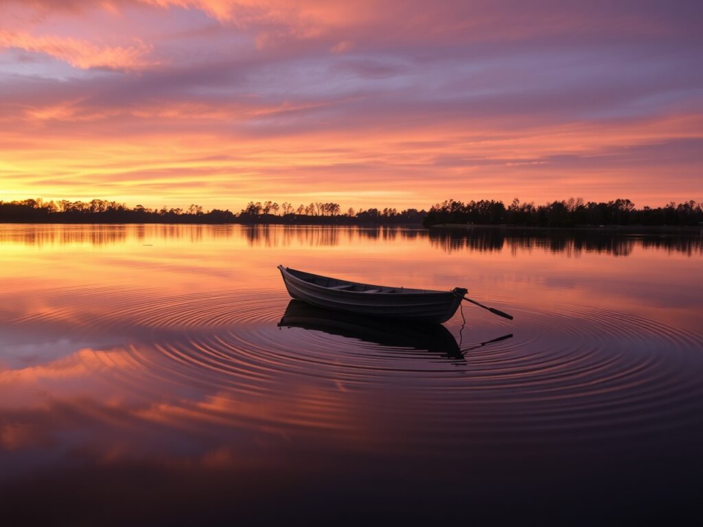 Reflections on a Calm Lake at Sunset – free AI stock image