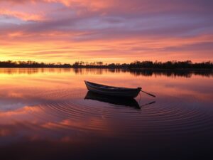 Reflections on a Calm Lake at Sunset – free AI stock image