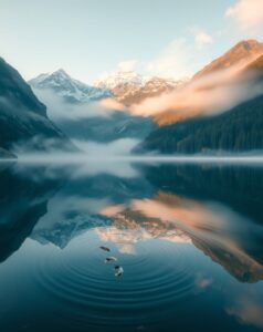 Reflective Lake Amidst Misty Mountains – free AI stock image