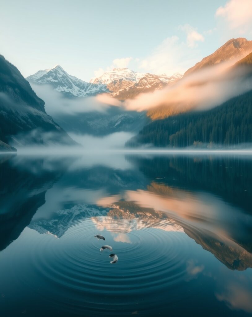 Reflective Lake Amidst Misty Mountains – free AI stock image