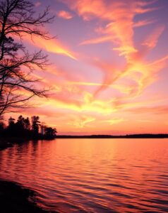 Reflective Lake at Sunset – free AI stock image