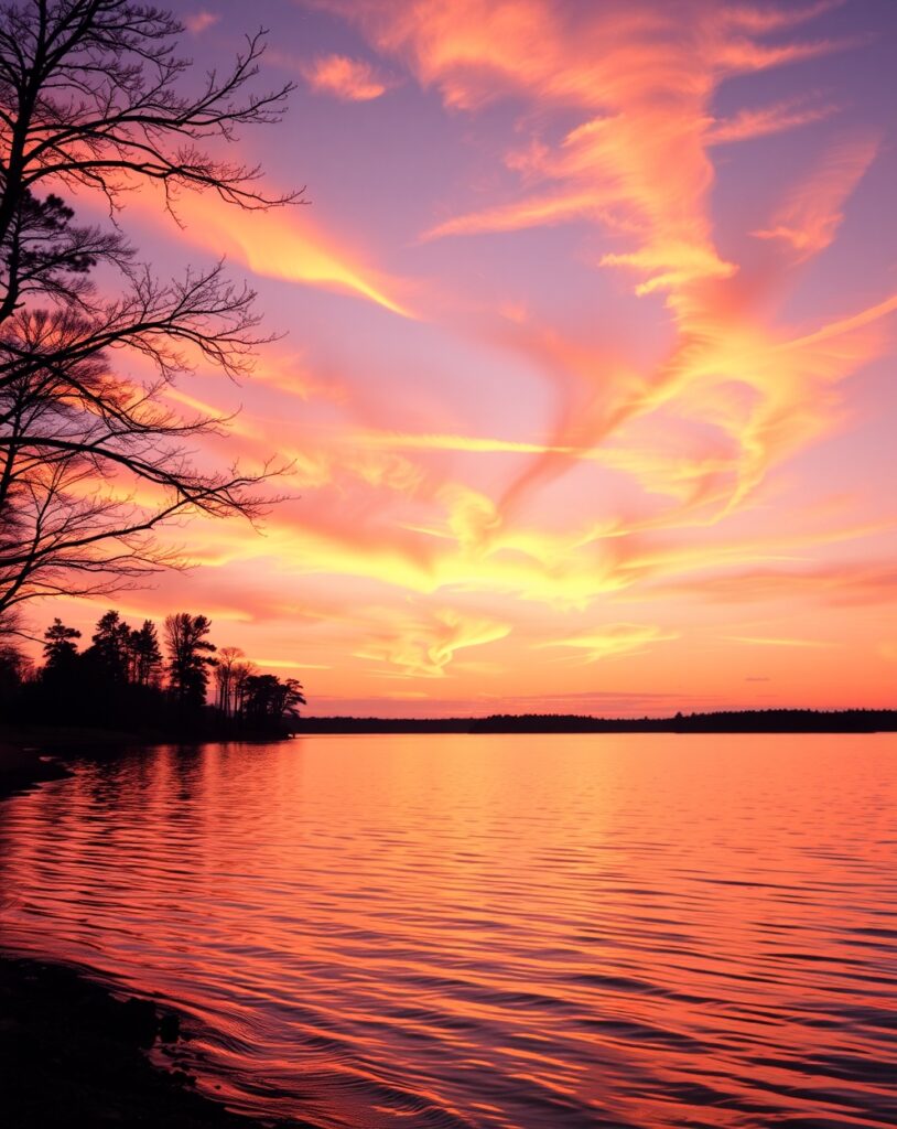 Reflective Lake at Sunset – free AI stock image
