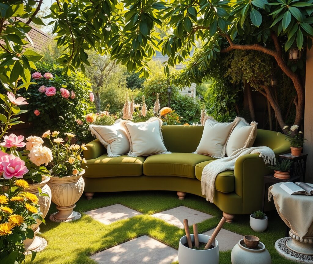 Relaxing Garden Retreat with Cozy Seating – free AI stock image