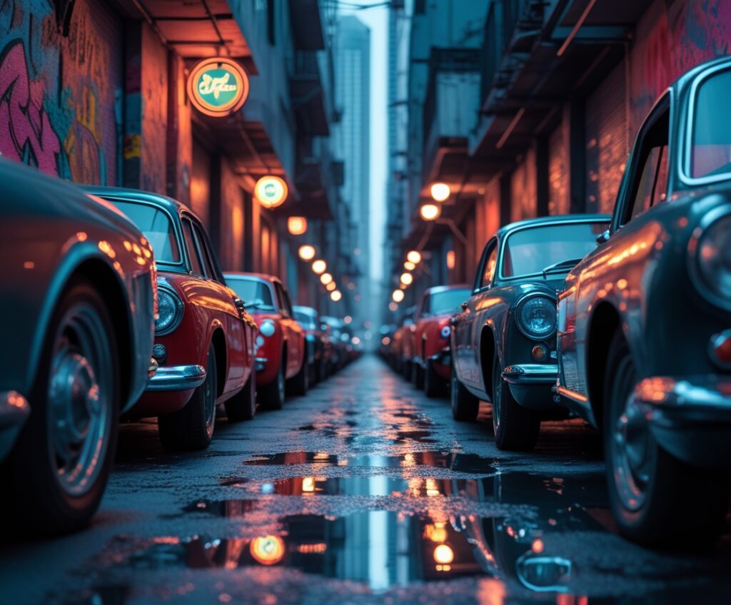 Retro Cars Parked in Urban Alley – free AI stock image