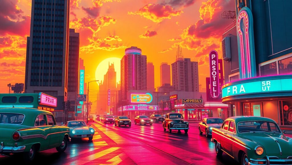 Retro Cityscape at Sunset – free AI stock image