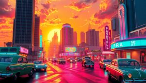 Retro Cityscape at Sunset – free AI stock image