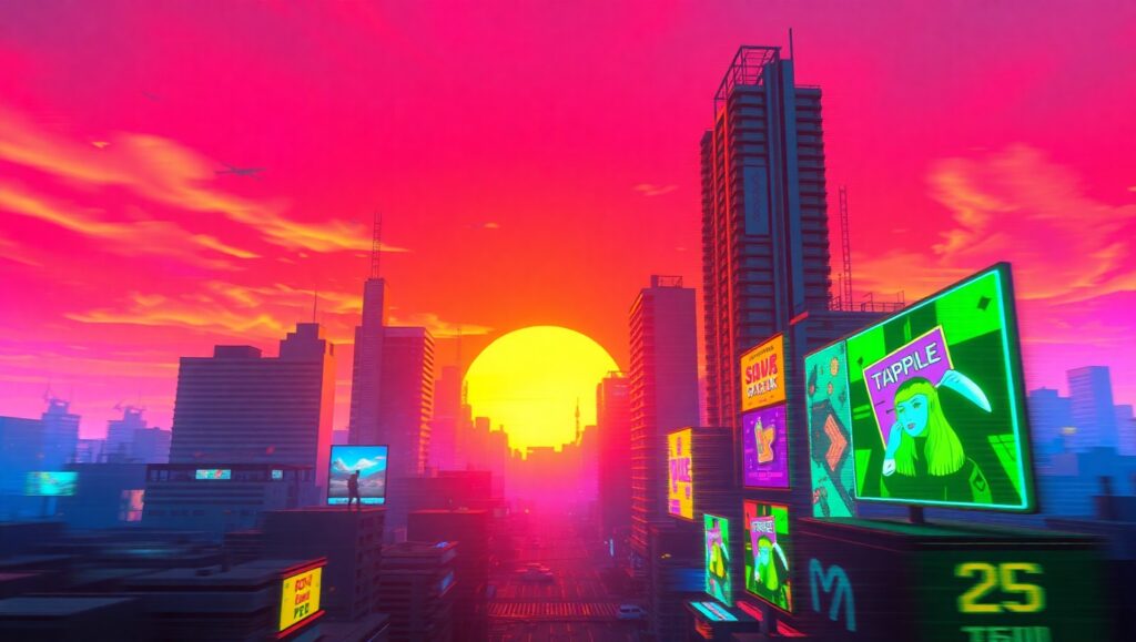 Retro Cityscape at Sunset – free AI stock image