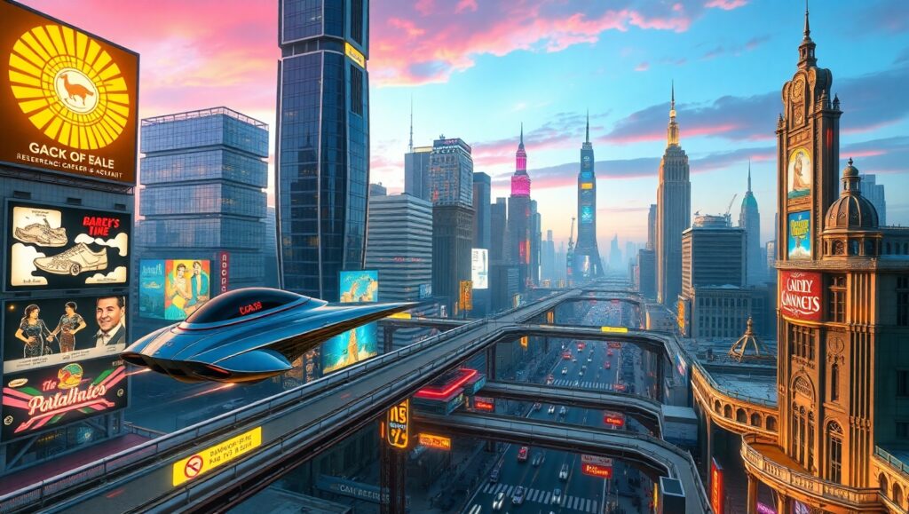Retro Futuristic Cityscape – free AI stock image