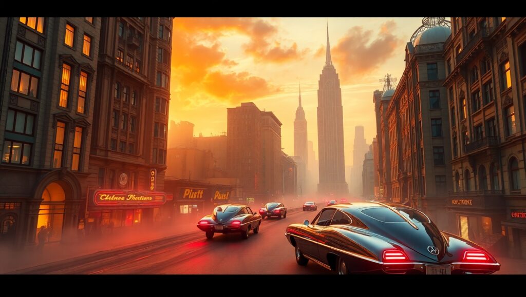 Retro Futuristic Cityscape at Sunset – free AI stock image
