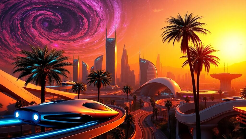 Retro-Futuristic Sunset Cityscape – free AI stock image